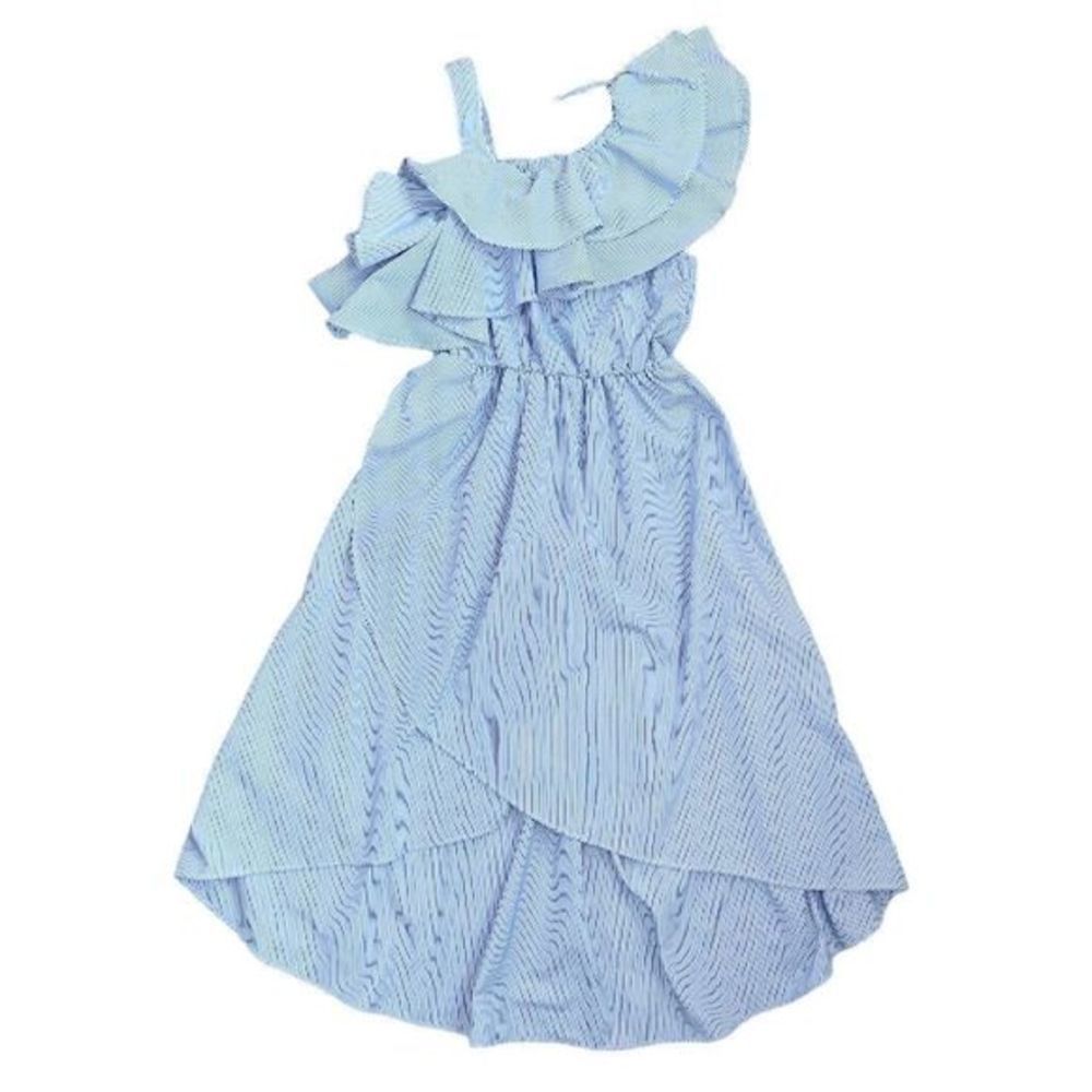 Habitual‎ Girl Blue & White Striped Fit & Flare Ruffle One Shoulder Dress Sz 12